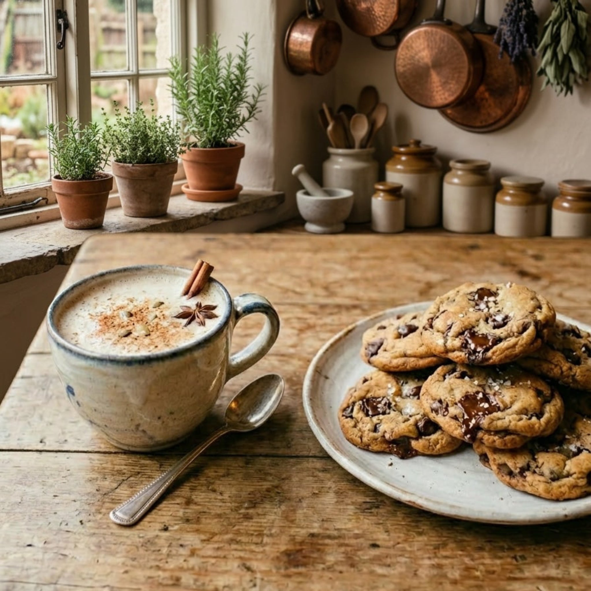 Cup of coffee with cookies on a wooden table in a rustic kitchen.