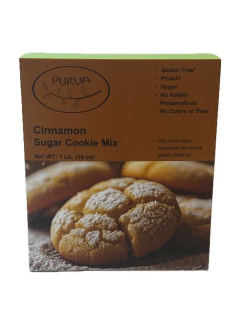 Box of Purvaa Cinnamon Sugar Cookie Mix with cookies on a white background