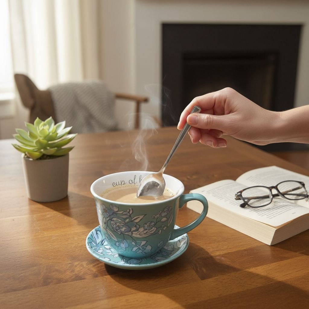 A teal ceramic coffee mug with a floral pattern sits on a wooden table, with a hand holding a spoon and stirring the coffee. An open book with glasses rests nearby, and a small potted succulent is on the left.