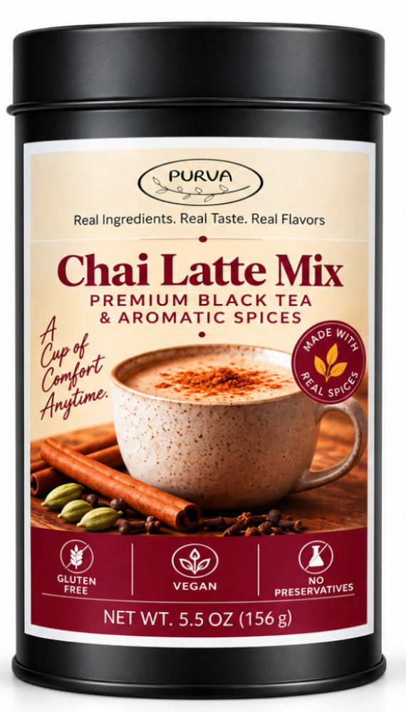 Black Cylindrical canister of PURVA Chai Latte Mix on a white background, displaying the front label.