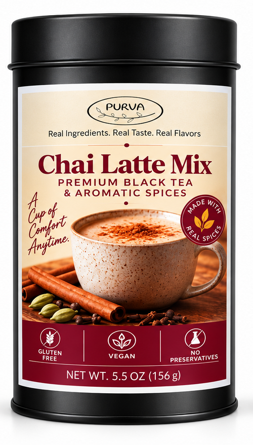 Black Cylindrical canister of PURVA Chai Latte Mix on a white background, displaying the front label.