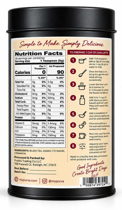 Black Cylindrical canister of PURVA Chai Latte Mix on a white background, displaying the back nutrition facts panel.