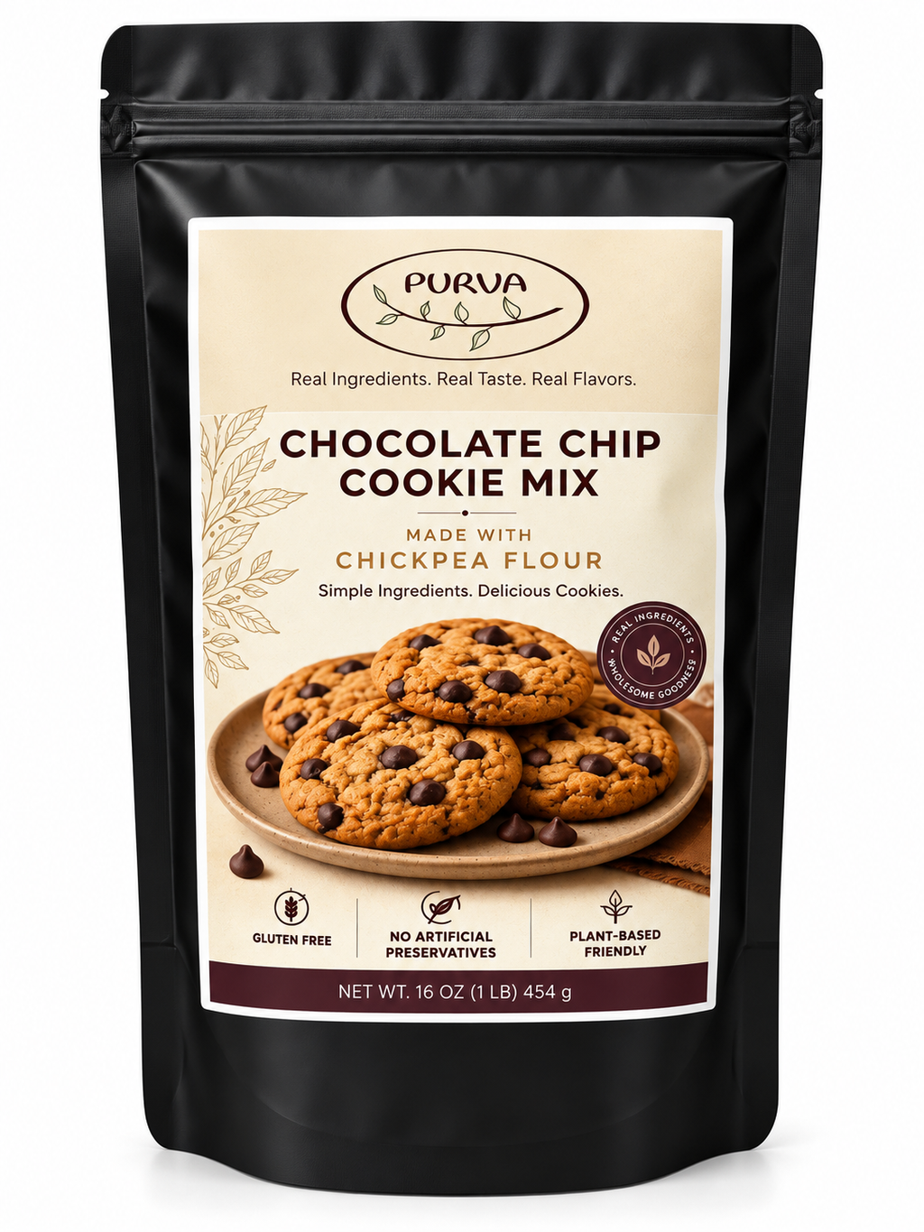 A black stand-up pouch of Purva Chocolate Chip Cookie Mix, featuring a cream-colored label with an image of chocolate chip cookies and text indicating chickpea flour.