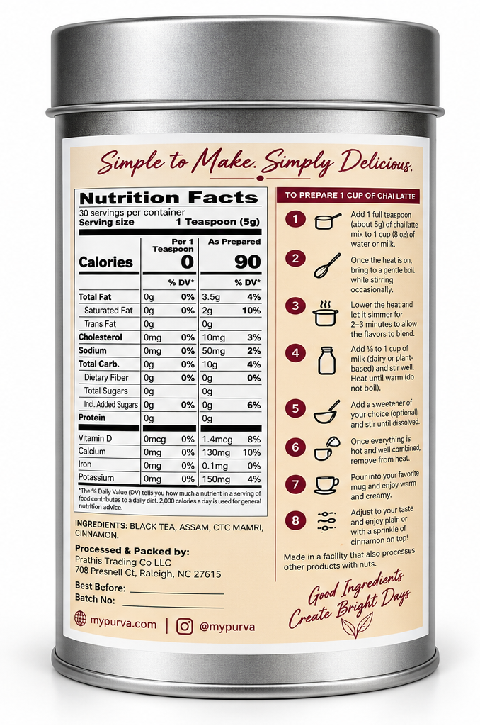 Silver metal canisters of Purva's Cinnamon Chai Latte Mix shown on a white background, displaying the back label with nutrition facts and preparation instructions.