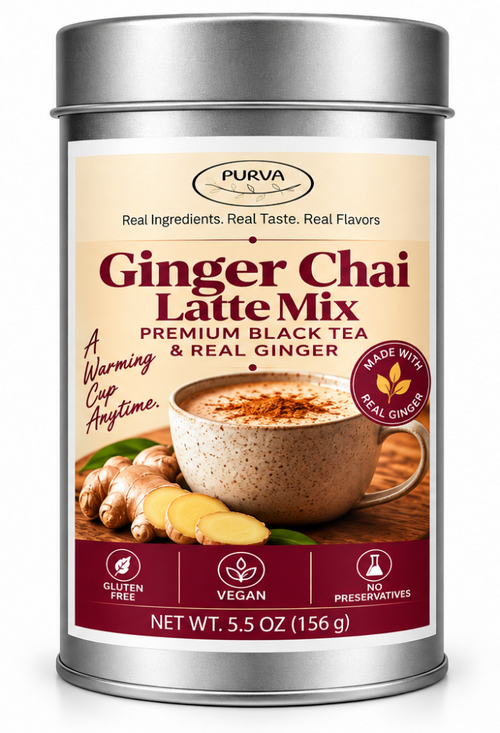 Silver cylindrical canister of PURVA Ginger Chai Latte Mix shown on a white background, displaying the front label.